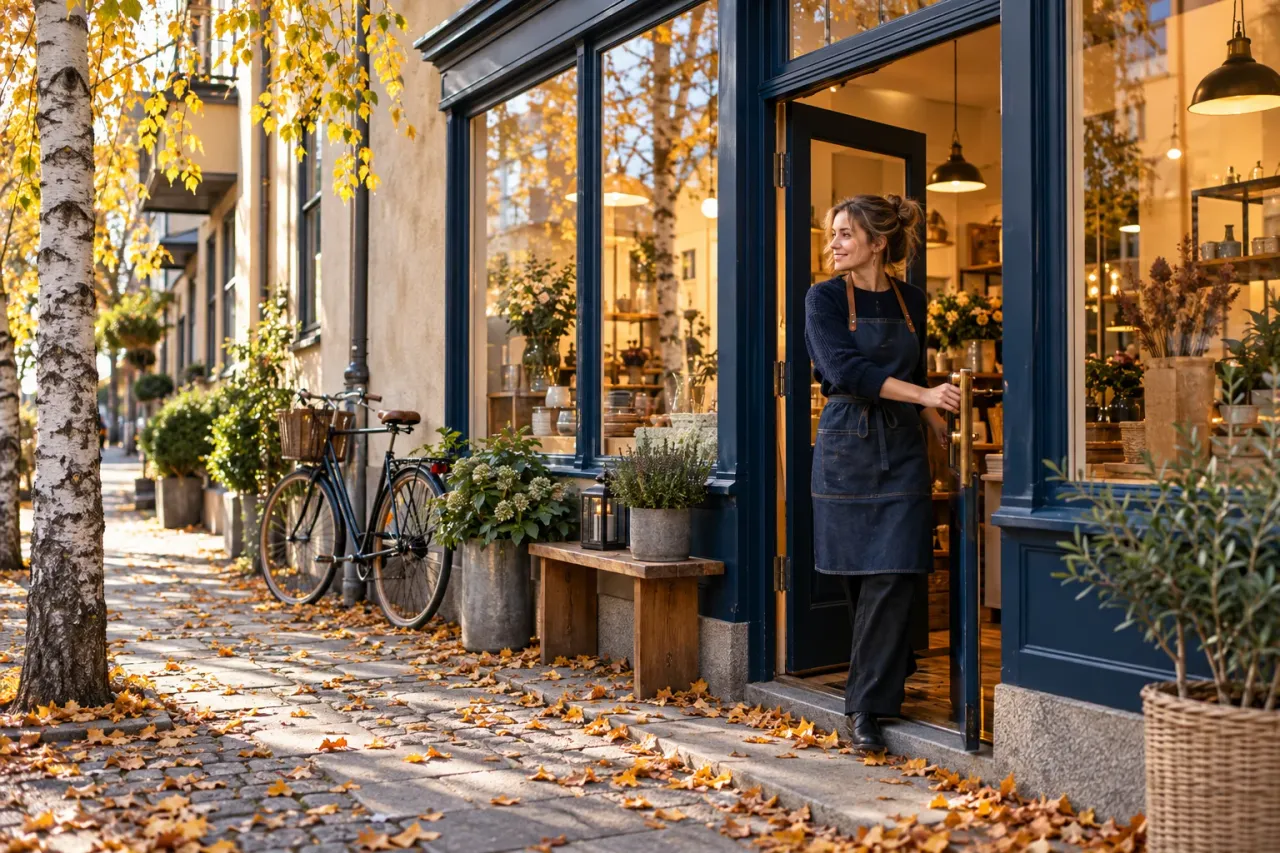 Editorial illustration: a business owner opens a small shop on a Swedish neighbourhood street.