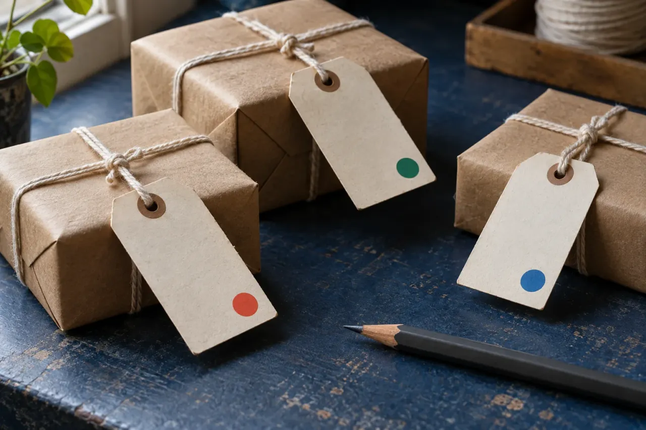 Editorial illustration: three parcels have separate tags with different colour marks.