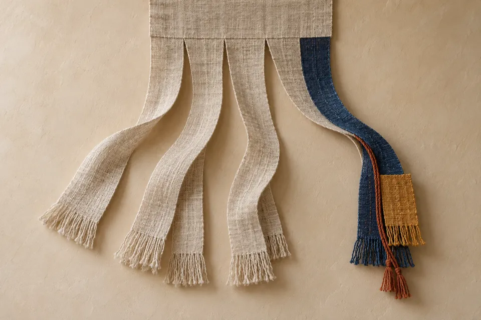 Editorial illustration: A woven cloth divides into hanging bands, with a blue band joined by an ochre patch and rust cord.