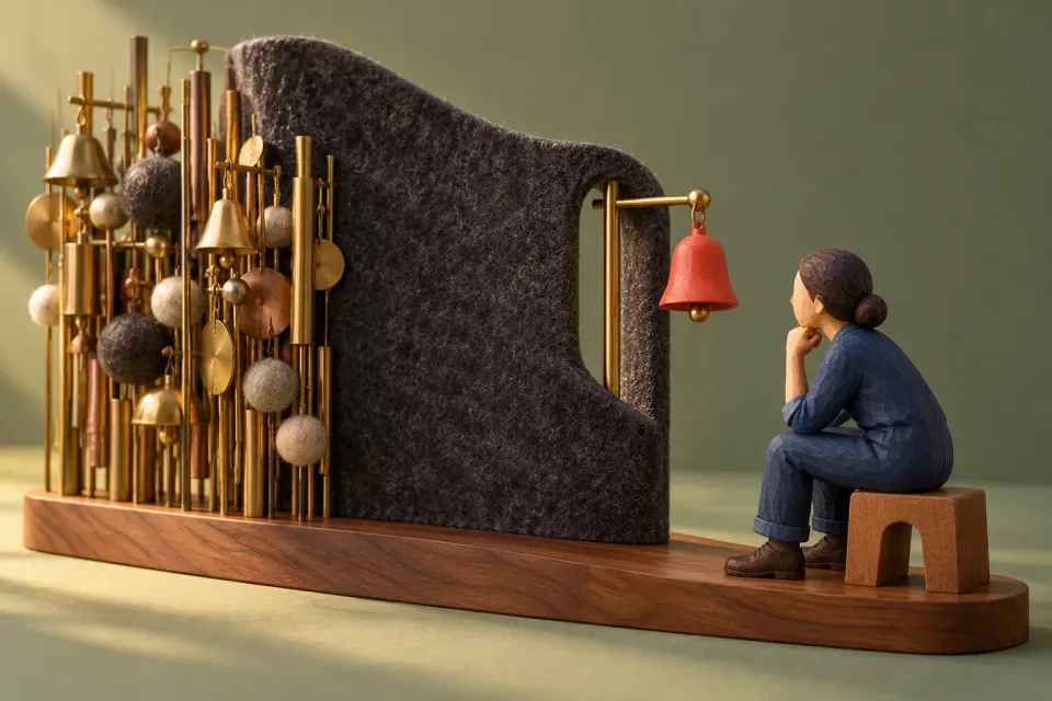 Editorial illustration: A seated wooden figure faces a red bell, separated from many brass chimes by a thick felt screen.