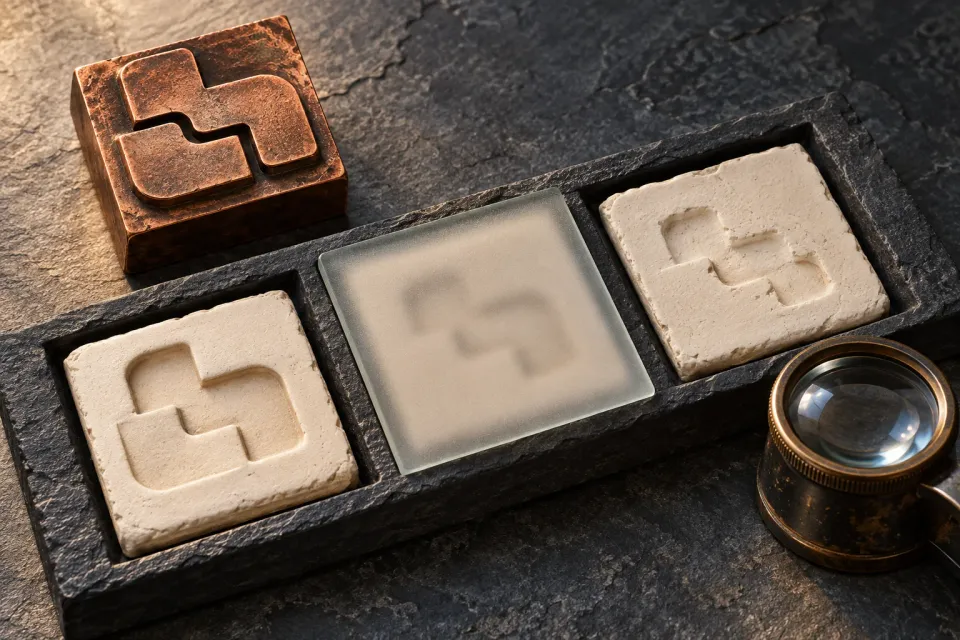 Editorial illustration: A copper stamp and three clay impressions, the middle obscured by frosted glass, beside an inspection lens.