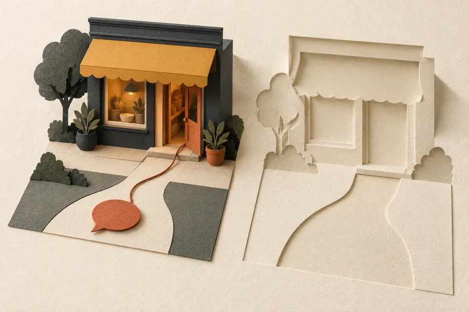 Editorial illustration: A paper shop is linked by thread to a speech bubble beside an empty outline of the same shop.