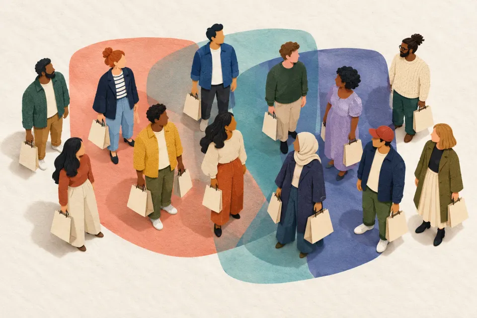 Editorial illustration: A group of people carrying one or more shopping bags stands within and beyond overlapping color fields.