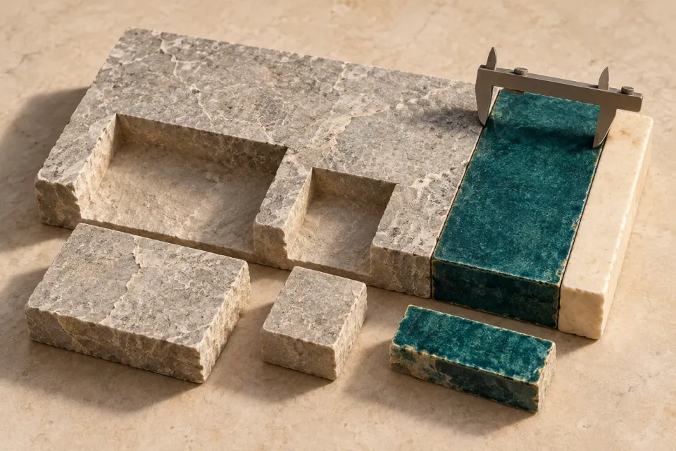 Editorial illustration: Cut stone pieces sit before a slab with a teal band and a narrow pale edge beneath an unmarked caliper.
