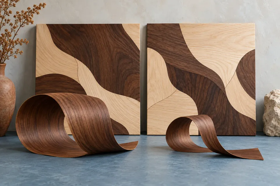Editorial illustration: Two equal wooden panels contain different mixes of pale and dark wood, with differently sized veneer curls in front.