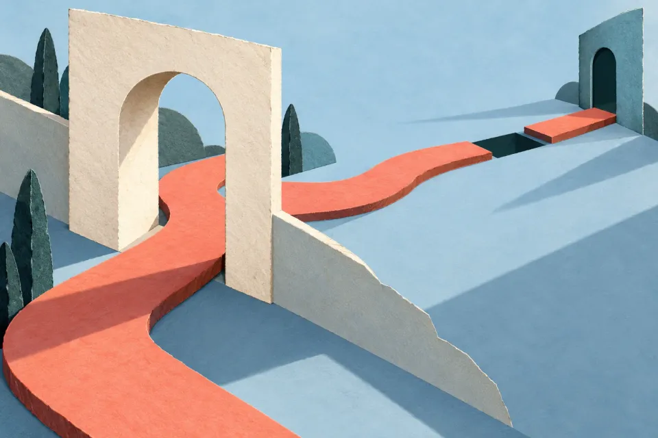 Editorial illustration: A coral paper path passes through a large arch but breaks at a gap before a smaller doorway.