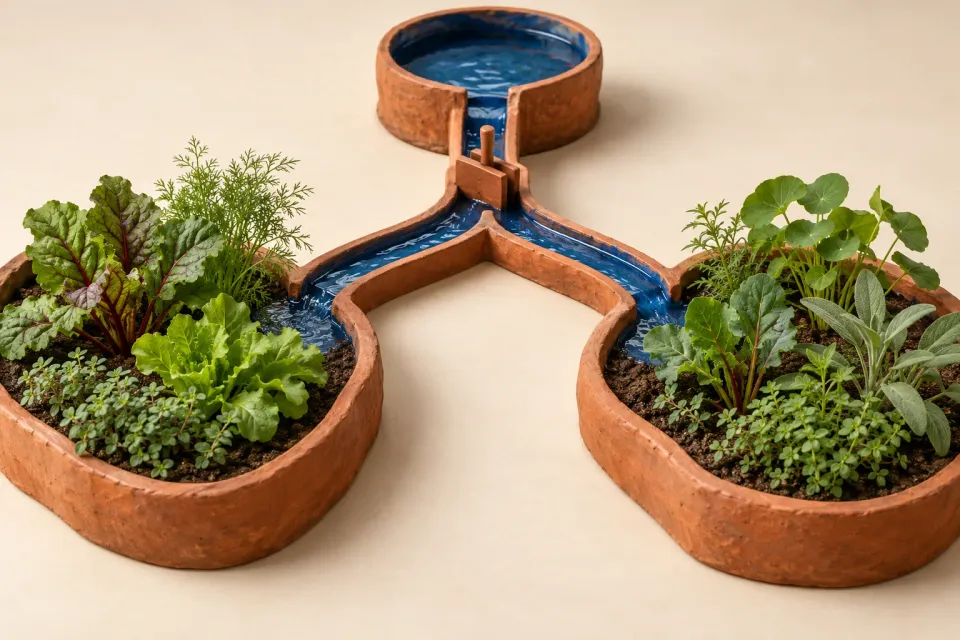 Editorial illustration: Two terracotta garden beds share a water reservoir with a divider at the branching channel.