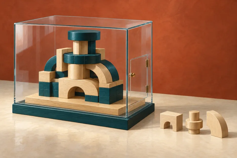 Editorial illustration: A wooden assembly is protected by a glass cover with a small door, while three loose wooden parts wait outside.
