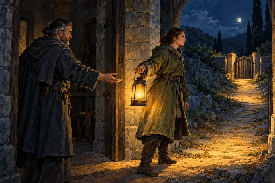 Editorial illustration: A night watchkeeper takes a lit lantern at a stone doorway and looks toward the next gate.