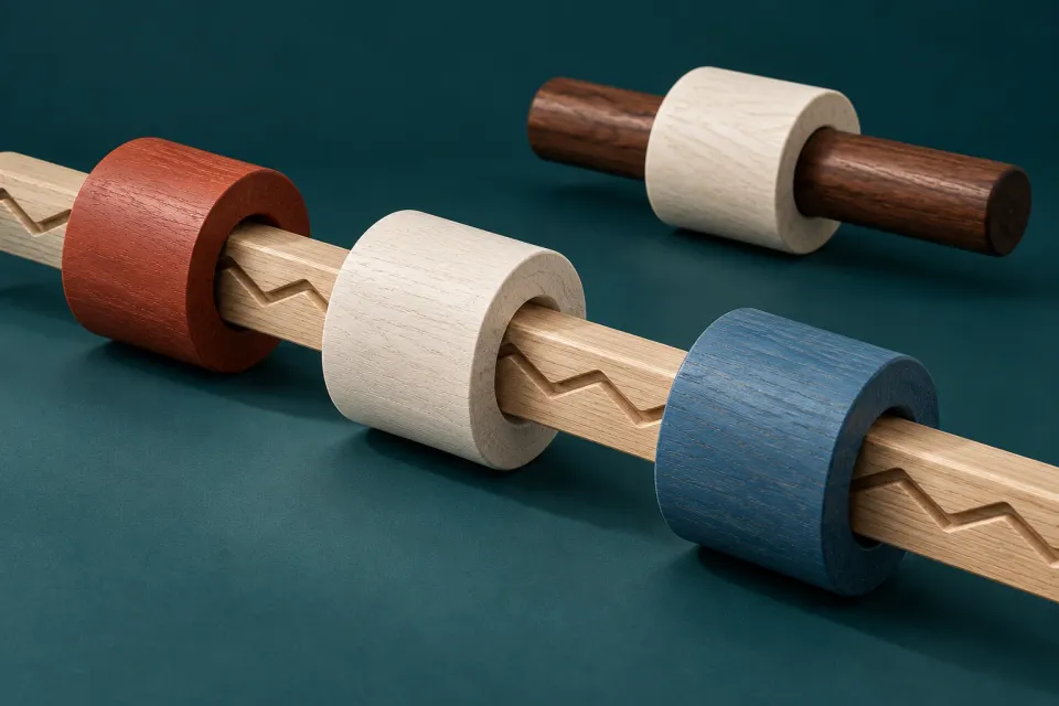 Editorial illustration: A pale wooden core with a zigzag groove passes through red, white and blue sleeves, with a separate dark core behind.
