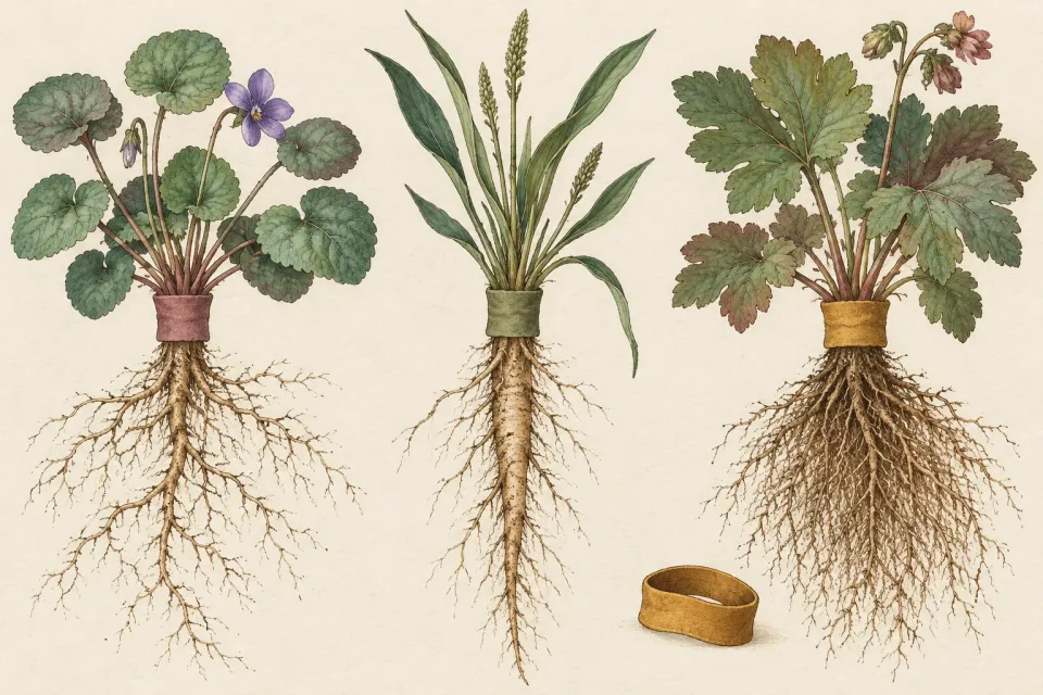 Editorial illustration: Three different plants with visible roots wear colored cloth bands, with a spare band lying beside them.