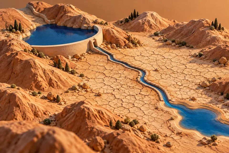 Editorial illustration: A blue reservoir in a dry clay landscape feeds a narrow channel reaching a smaller pool.