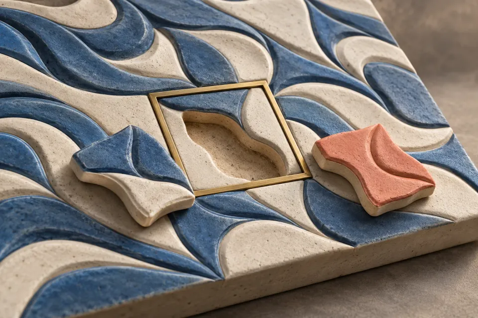 Editorial illustration: A brass frame bounds an empty recess in a ceramic relief, with blue and coral tiles beside it.