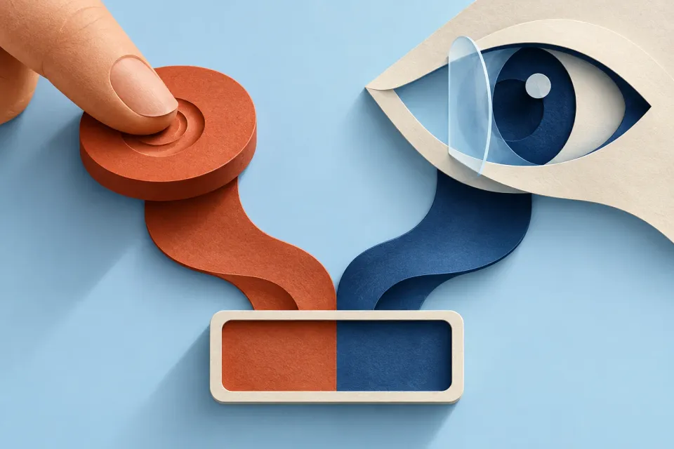 Editorial illustration: A finger presses a circle beside an eye; two colored bands meet inside one frame.