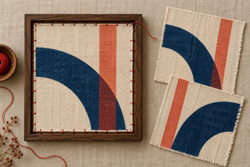 Editorial illustration: Cloth with a blue arc and coral stripe is stitched into a wooden frame beside two loose pattern variants.
