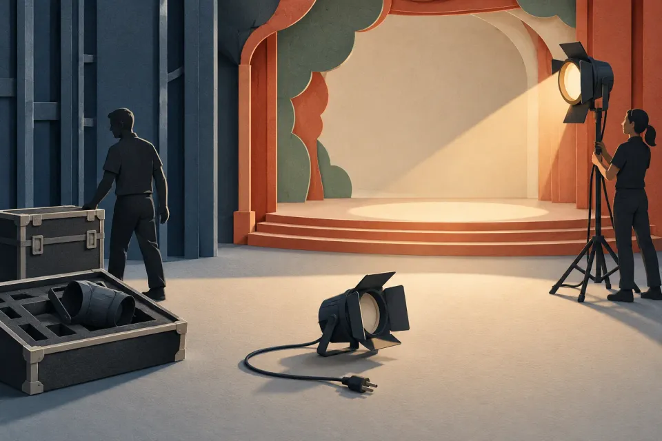 Editorial illustration: Two stage technicians, a packed spotlight, a lit spotlight and a separate unplugged light.