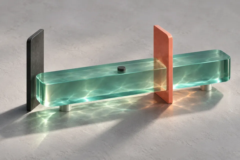 Editorial illustration: An elongated green glass block meets a dark and a coral-colored fin on a pale surface.