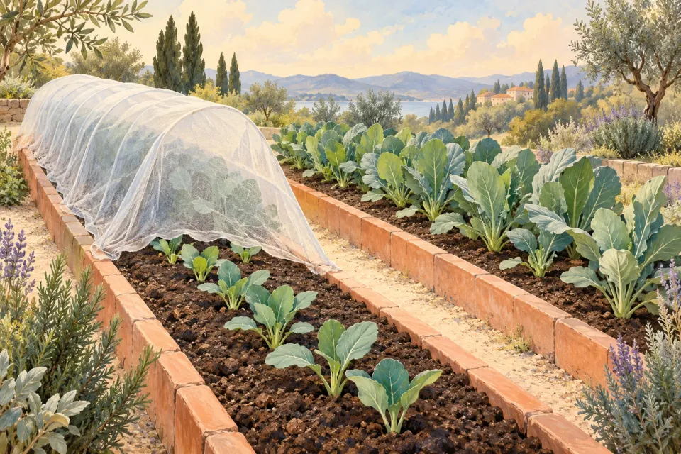Editorial illustration: Two growing beds contain leafy plants of different sizes, with pale gauze covering part of one bed.