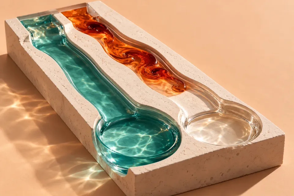 Editorial illustration: Two glass channels in pale plaster, with teal liquid reaching its pool while orange pigment remains further back.