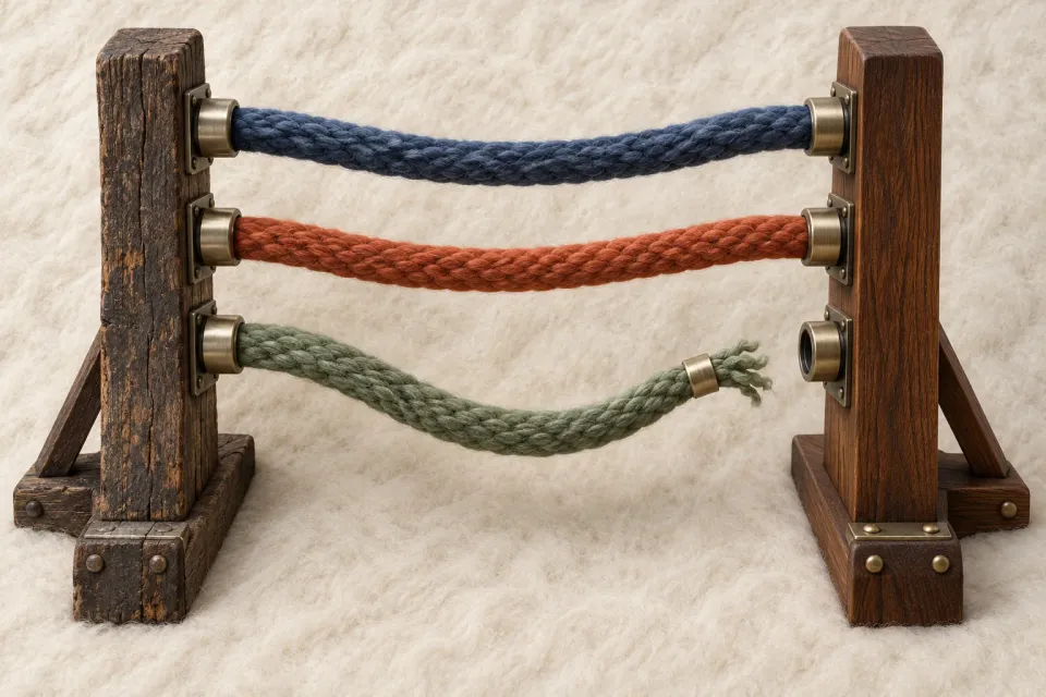 Editorial illustration: Two wool cords connect wooden supports while a third green cord stops before its empty fastening.