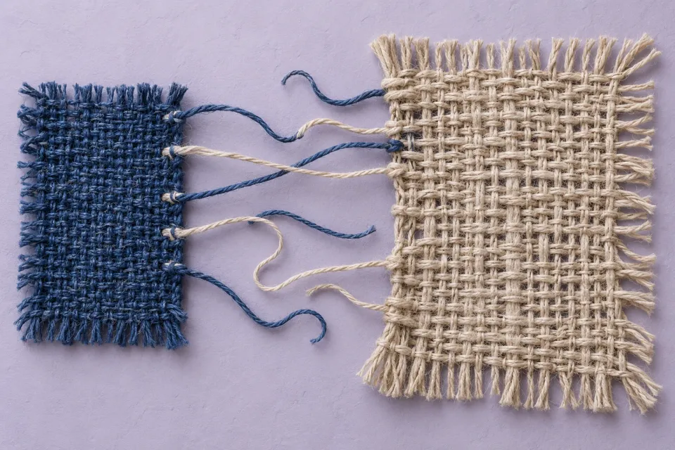 Editorial illustration: A smaller blue woven panel and a larger pale panel share several connecting threads while other ends remain loose.