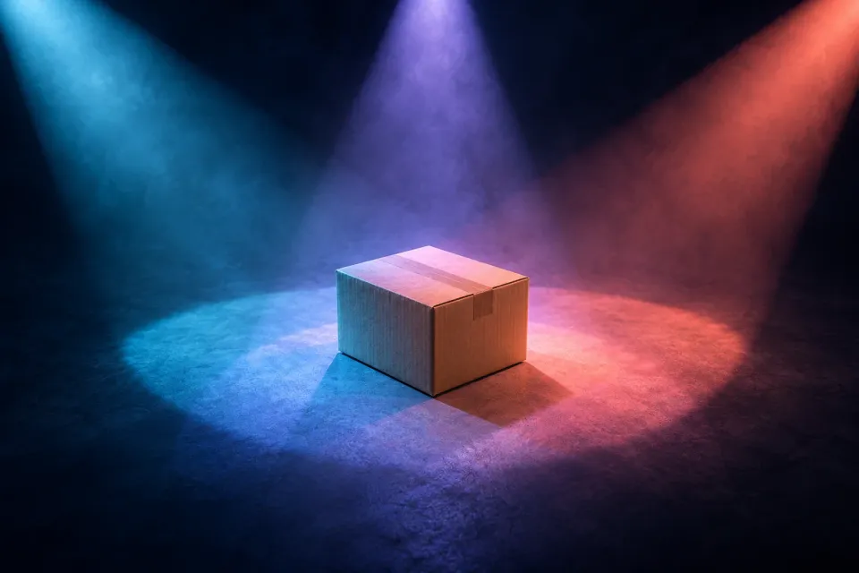 Editorial illustration: One unbranded parcel stands in overlapping blue, violet and coral light.