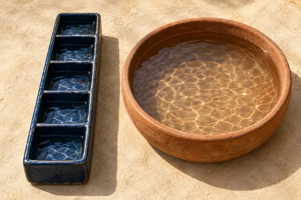 Editorial illustration: A blue water vessel with several compartments stands beside one undivided terracotta basin.