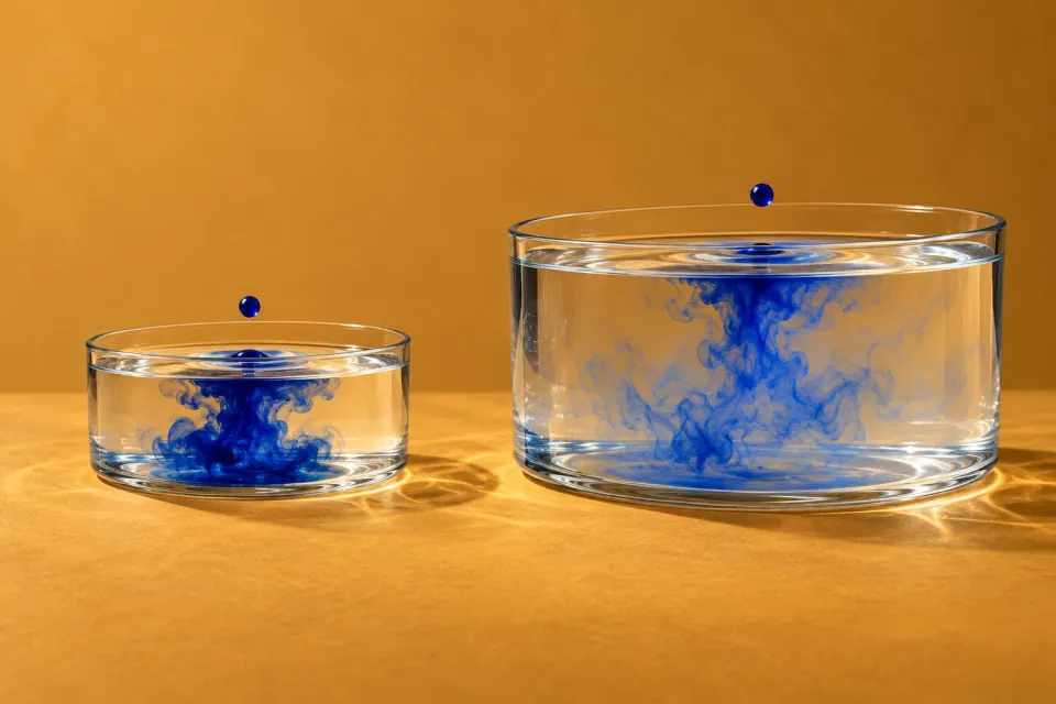 Editorial illustration: Blue droplets hang above two differently sized glass vessels as blue pigment disperses in the water.