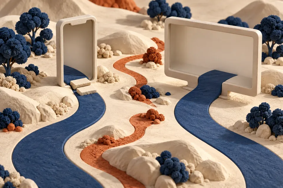 Editorial illustration: Two blue paths lead to a narrow phone frame and a wide screen frame, with loose stones in front of the phone frame.