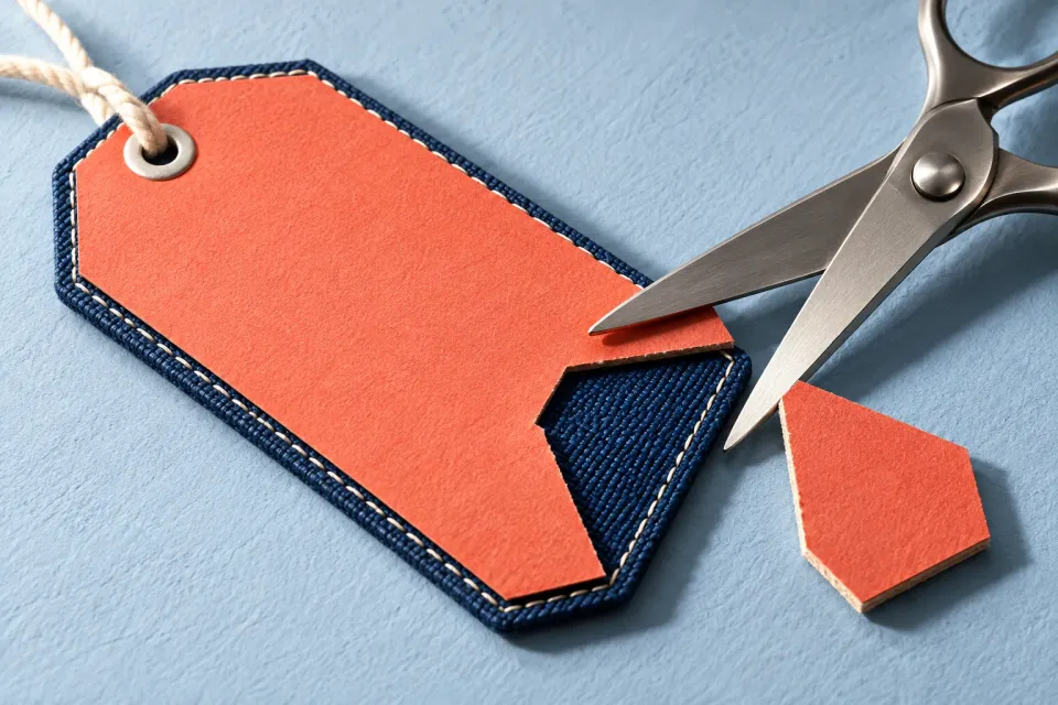 Editorial illustration: A blank coral price tag is clipped above an intact blue fabric backing.