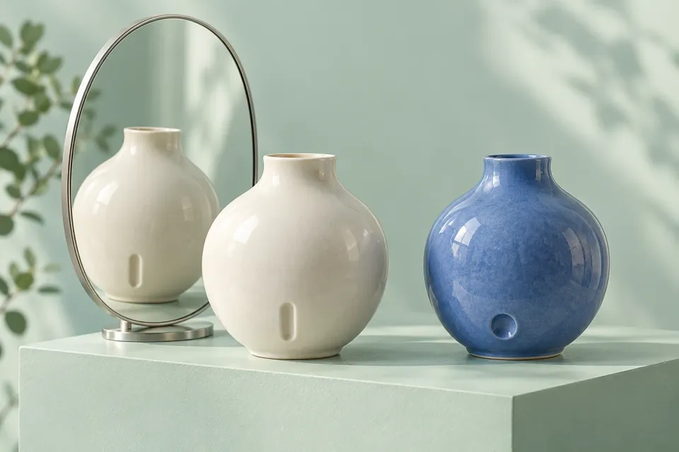 Editorial illustration: Two porcelain vessels with different details stand beside a mirror reflecting the ivory vessel.