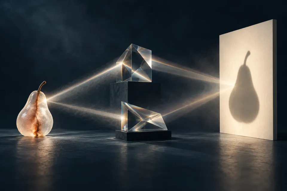 Editorial illustration: Light from a glass pear travels through two prisms and meets in one pear-shaped silhouette.