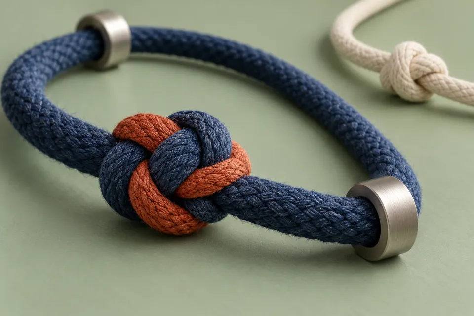 Editorial illustration: A blue and rust knot sits in a closed rope loop, with a separate pale knot nearby.