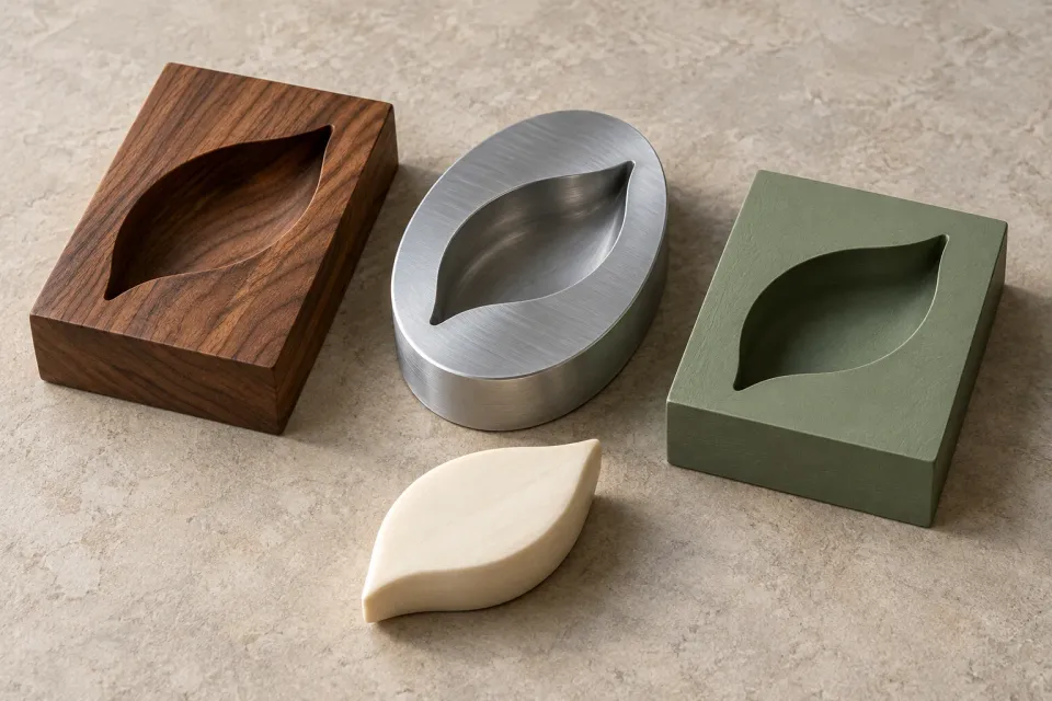 Editorial illustration: Three molds in different materials have leaf-shaped cavities, with a pale leaf form in front.