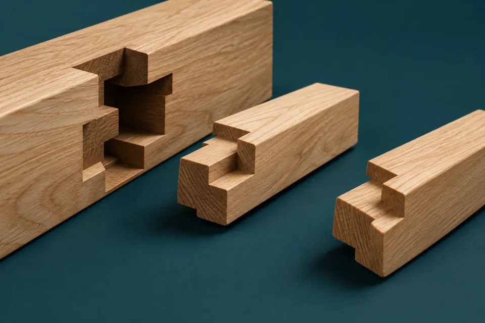 Editorial illustration: A wooden beam with a shaped socket sits beside two differently cut tenons.