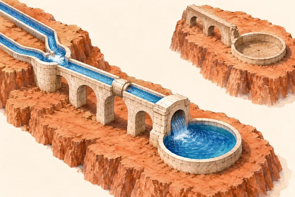 Editorial illustration: Two water channels join an aqueduct that reaches a blue basin, while a separate basin remains dry.