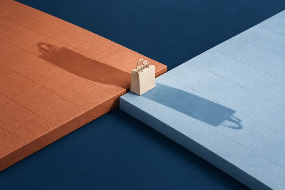 Editorial illustration: One white shopping bag at the seam between two gridded surfaces casts shadows in two directions.