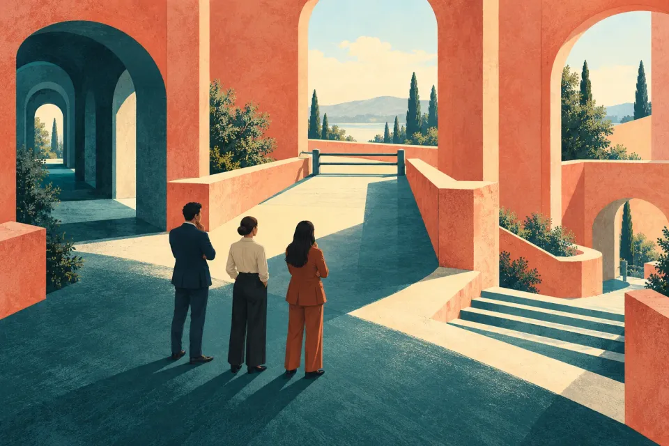 Editorial illustration: Three people stand beside several passages in a building, facing a sunlit walkway ending at a low rail.