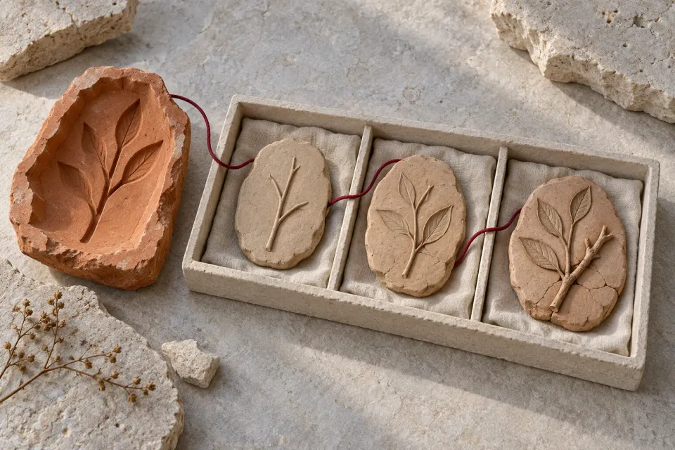 Editorial illustration: A terracotta mold and three leaf reliefs in a divided tray are connected by a red cord.