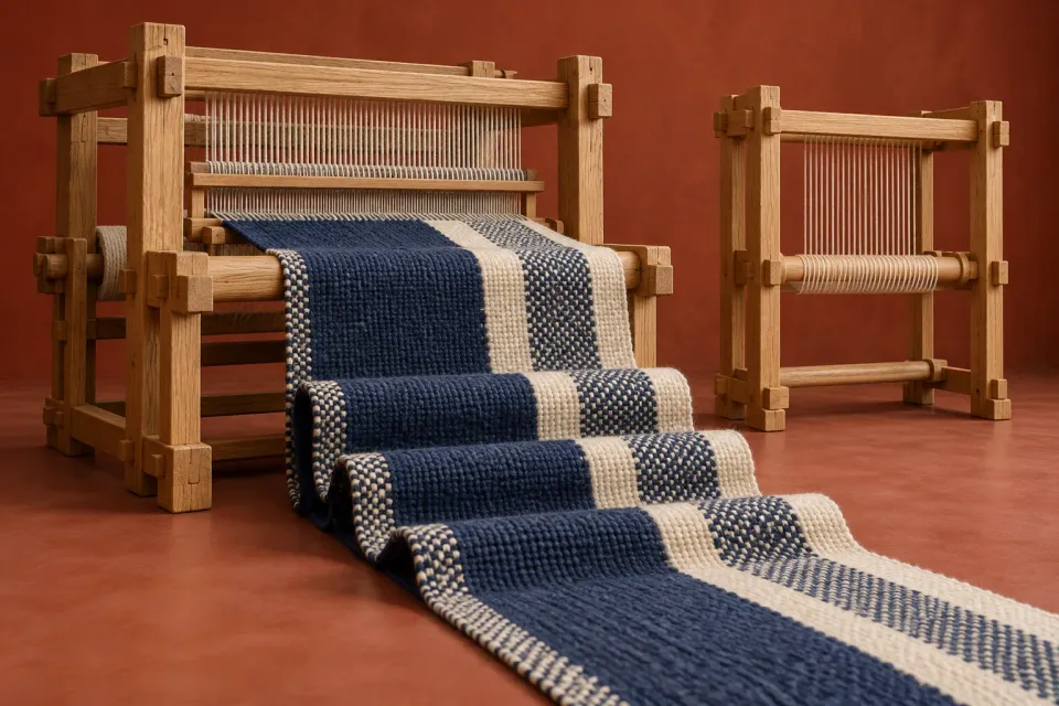 Editorial illustration: Blue and cream cloth unfolds from a large wooden loom, with a smaller empty weaving frame beside it.