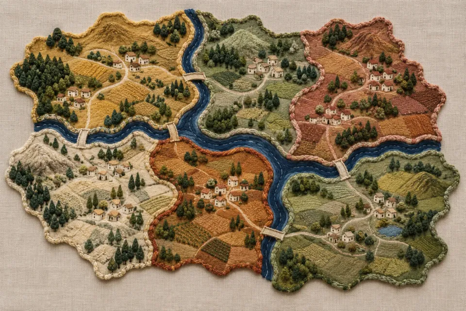 Editorial illustration: A stitched landscape with colored regions, small houses, rivers and bridges between areas.