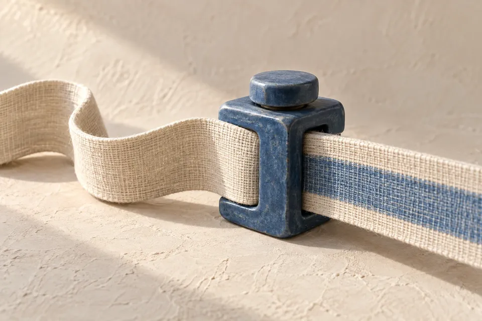 Editorial illustration: A linen ribbon passes through a blue ceramic clamp and gains a blue stripe beyond it.