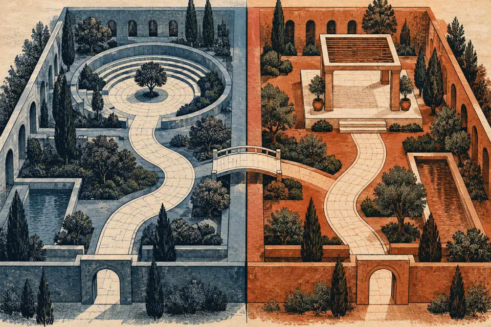 Editorial illustration: Two differently colored courtyards have their own paths to a circular gathering place and a square pavilion, with a bridge between the paths.