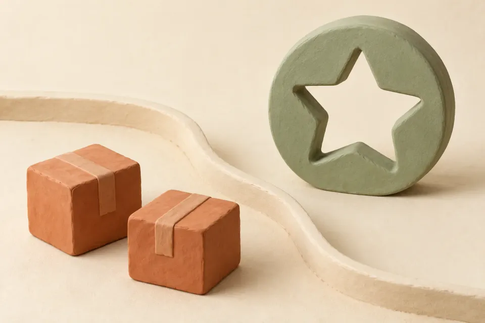 Editorial illustration: Two terracotta parcels stand beside a green ceramic form with an empty star-shaped opening.