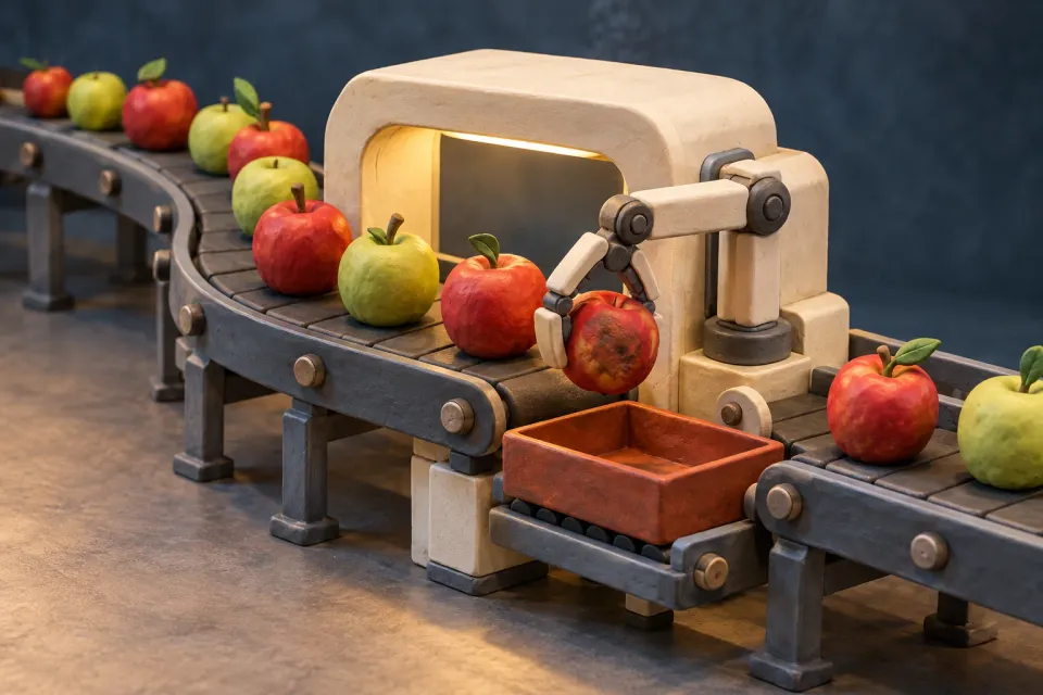 Editorial illustration: A miniature arm lifts a bruised apple from a conveyor toward a separate tray.