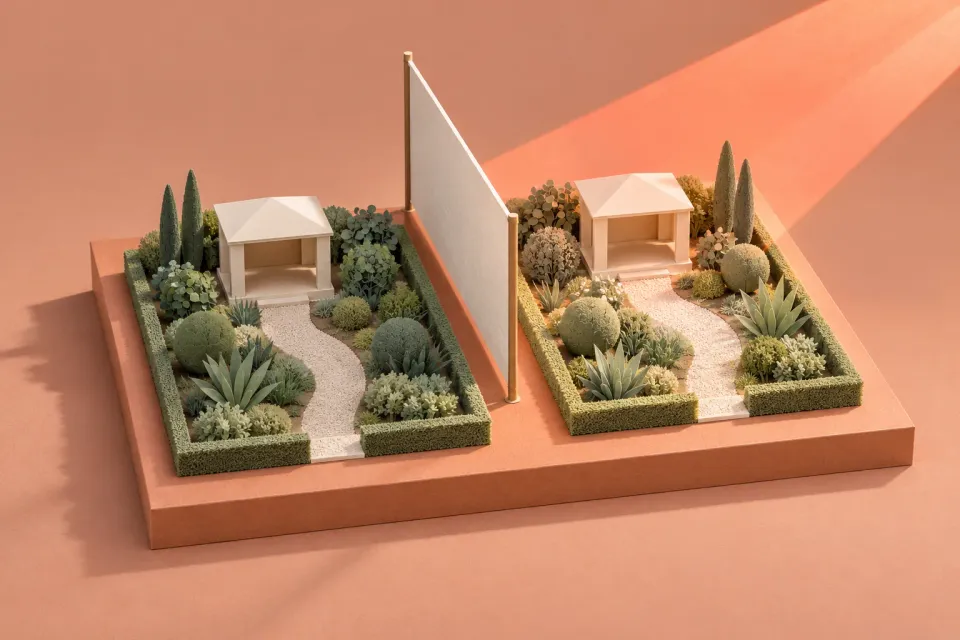 Editorial illustration: Two similar miniature gardens are separated by a screen that shades one from warm light.