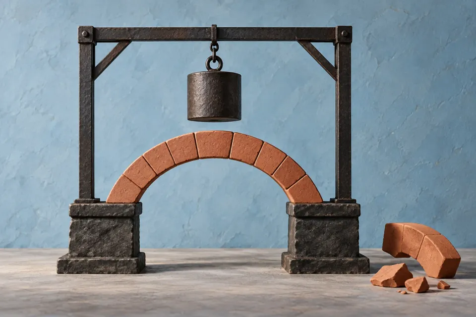 Editorial illustration: A weight hangs above an intact brick arch with loose clay pieces beside it.