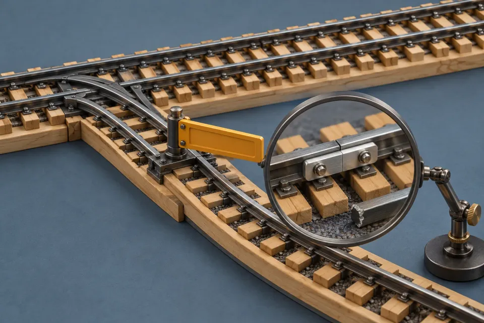 Editorial illustration: A miniature track has a yellow gate at a branch and a repaired rail joint visible through a magnifying glass.