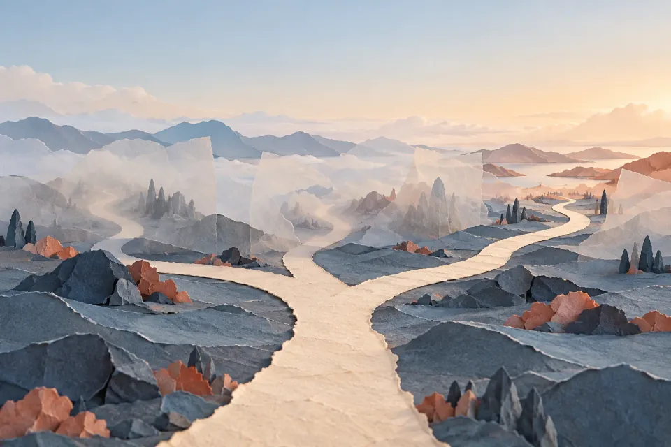 Editorial illustration: An ivory paper path branches into three routes through a blue landscape with translucent paper veils.