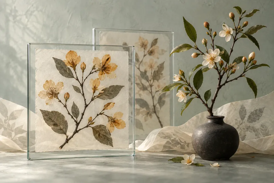 Editorial illustration: Pressed flowering branches in glass panels stand beside a blooming branch in a dark vase.
